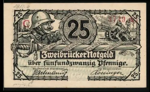 Notgeld Zweibrücken 1918, 25 Pfennig, Soldat und Kanone, Stadtwappen