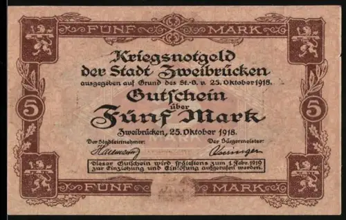 Notgeld Zweibrücken 1918, 5 Mark, Löwen und Ortsansicht