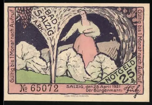 Notgeld Bad Salzig a. Rh. 1921, 25 Pf, Frau in Salzgrotte und Denkmal zwischen Bäumen