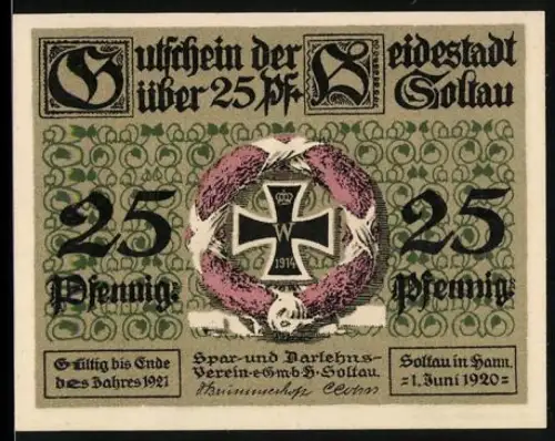 Notgeld Soltau i. Hann. 1920, 25 Pfennig, Eisernes Kreuz und Fachwerkhaus mit Schafen und Eichenlaub
