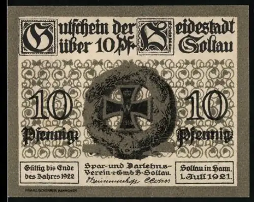 Notgeld Soltau i. Hann. 1921, 10 Pfennig, Eisernes Kreuz und Fachwerkhaus