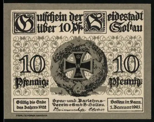Notgeld Soltau i. Hann. 1921, 10 Pfennig, Eisernes Kreuz und Bauernhaus