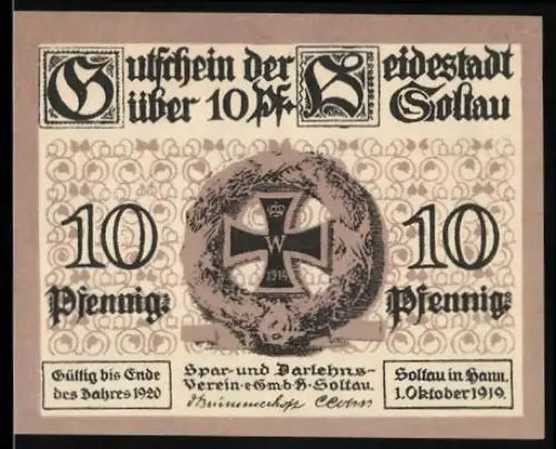 Notgeld Soltau i. Hann. 1919, 10 Pfennig, Eisernes Kreuz und Fachwerkhaus