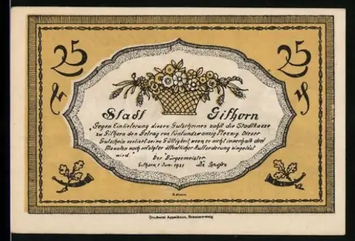 Notgeld Gifhorn 1921, 25 Pfennig, Blumenkorb und Ortsansicht