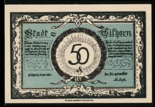 Notgeld Gifhorn 1921, 50 Pfennig, Ortsansicht mit Kirche und Fachwerkhäusern