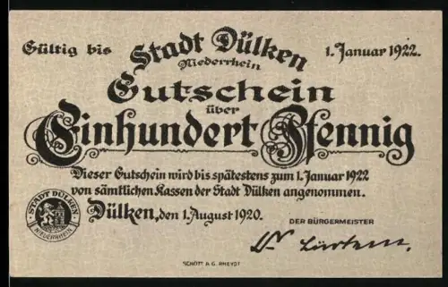 Notgeld Dülken /Niederrhein 1920, 100 Pfennig, Windmühle und Festumzug der Akademie Dülkens