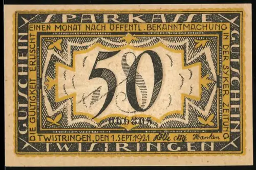 Notgeld Twistringen 1921, 50 Pfennig, Kirche und Landschaft mit Sonne im Hintergrund