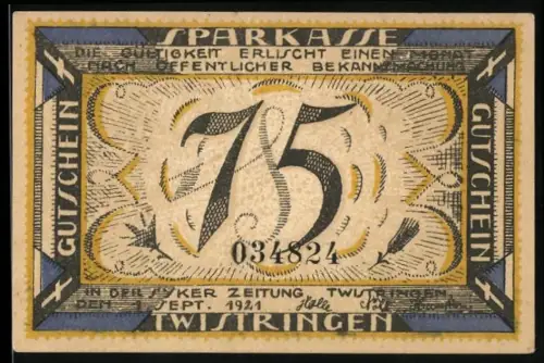 Notgeld Twistringen 1921, 75 Pfennig, Glocke und Figur in geometrischem Design