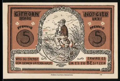 Notgeld Gifhorn 1921, 5 Pfennig, Bauer mit Pflug und Landschaftsmotiv