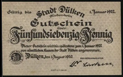 Notgeld Dülken /Niederrhein 1920, 75 Pfennig, Feier der Windmühle mit Gruppe von Menschen und Windmühle im Hintergrund