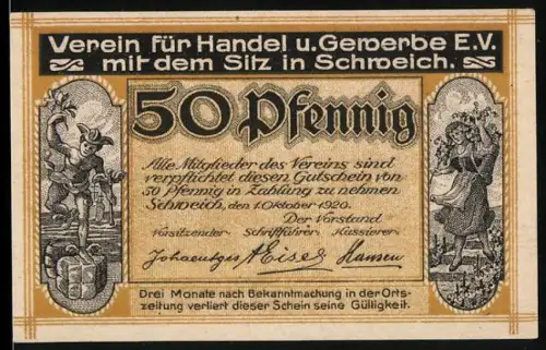 Notgeld Schweich 1920, 50 Pfennig, Märchenfiguren und Moselbrücke