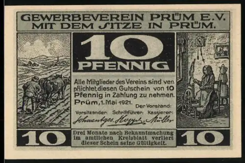 Notgeld Prüm 1921, 10 Pfennig, Pflügende Bauern und Marktszene mit Vieh