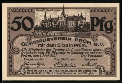 Notgeld Prüm 1921, 50 Pfennig, Gebäudeansicht und Ortsansicht mit Spruch