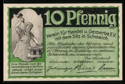 Notgeld Schweich 1920, 10 Pfennig, Schmied und Landschaft mit Turm und Brücke