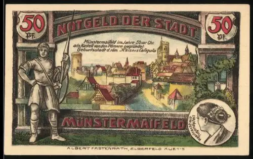 Notgeld Münstermaifeld 1921, 50 Pfennig, Ortsansicht mit Krieger und römischer Münze