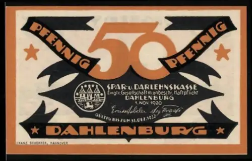Notgeld Dahlenburg 1920, 50 Pfennig, Silhouette der Stadt mit Kirche und dekorative Schriftzüge