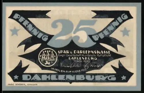 Notgeld Dahlenburg 1920, 25 Pfennig, Kirche und Spruchband