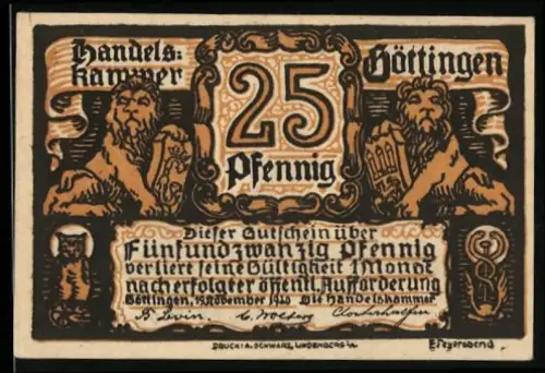 Notgeld Göttingen 1920, 25 Pfennig, Löwen und Kirchturm mit Wappen von Nörtheim und Uslar