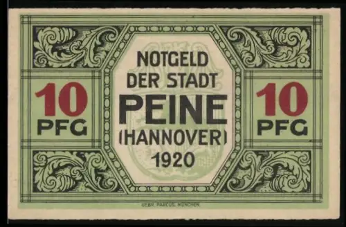 Notgeld Peine /Hannover 1920, 10 Pfennig, historisches Gebäude und florale Ornamente