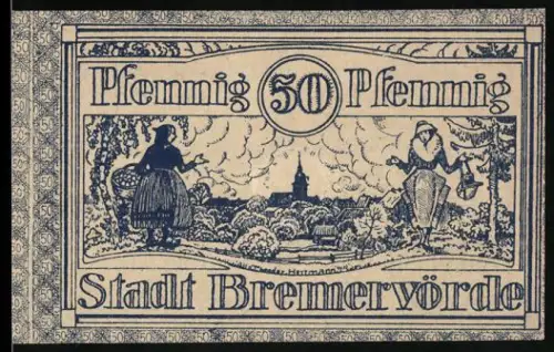Notgeld Bremervörde, 50 Pfennig, ländliche Szene mit zwei Personen und Kirche im Hintergrund