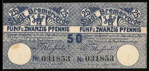 Notgeld Bremervörde 1920, 25 Pfennig, Doppelmotiv mit Kelch und Stadtwappen