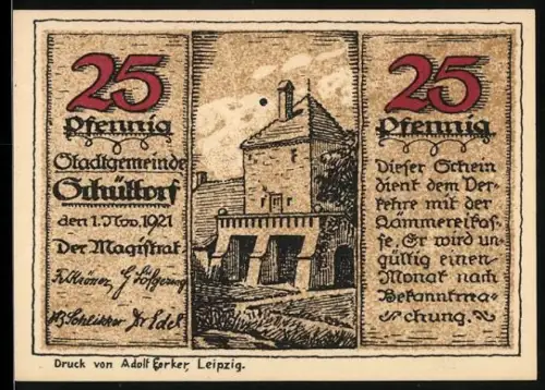 Notgeld Schüttorf 1921, 25 Pfennig, Turm und marschierende Figuren mit Flagge
