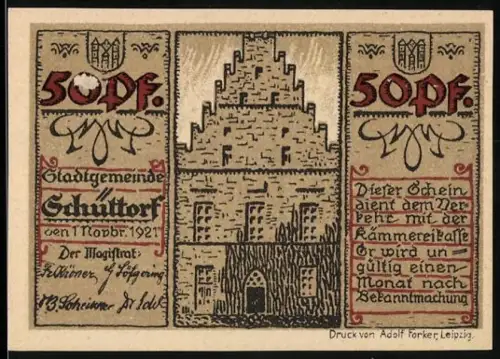 Notgeld Schüttorf 1921, 50 Pfennig, Rathausfassade und historische Szene mit Wappen