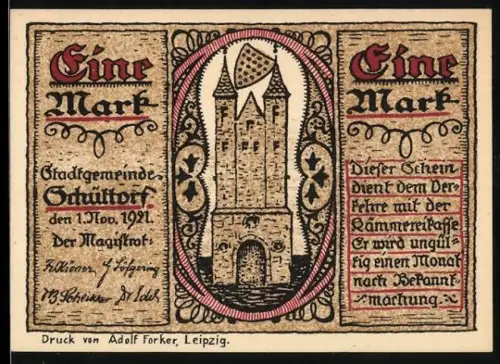 Notgeld Schüttorf 1921, 1 Mark, Stadttor und historische Stadtkarte