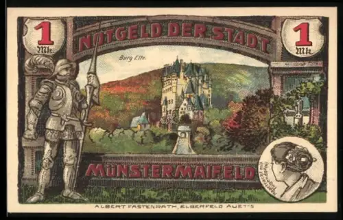 Notgeld Münstermaifeld 1921, 1 Mark, Burg Eltz und Ritter, Wappen mit Tor und Türmen