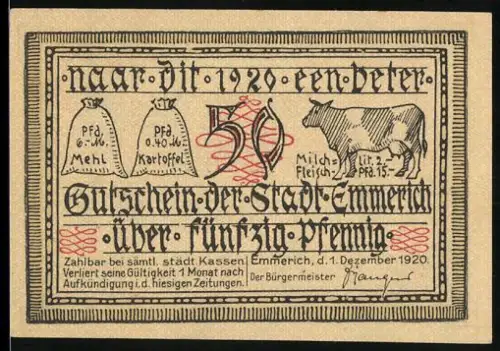 Notgeld Emmerich 1920, 50 Pfennig, landwirtschaftliche Produkte und Ortsansicht mit Wappen