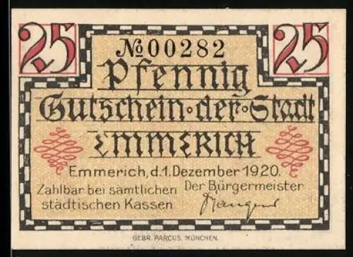 Notgeld Emmerich 1920, 25 Pfennig, Stadtwappen und dekorative Ornamente