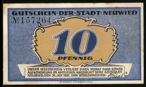 Notgeld Neuwied 1921, 10 Pfennig, Sämann mit Spruchband und Blumenornamenten