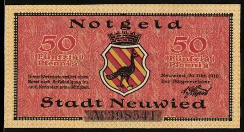 Notgeld Neuwied 1919, 50 Pfennig, Stadtwappen und Gebäudeansicht