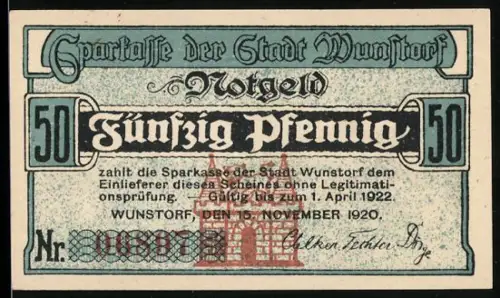 Notgeld Wunstorf 1920, 50 Pfennig, Klosteransicht und historische Urkunde