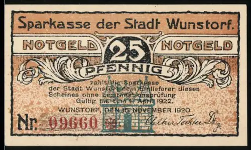 Notgeld Wunstorf 1920, 25 Pfennig, historische Urkunde und Gebäudeillustration