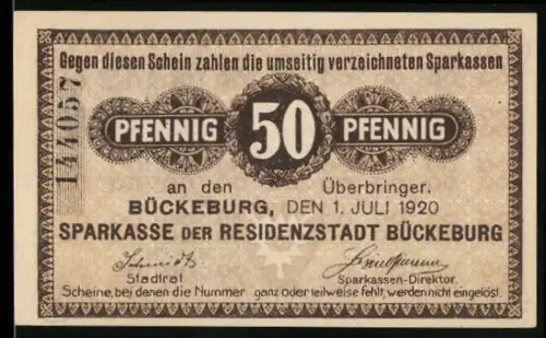 Notgeld Bückeburg 1920, 50 Pfennig, florales Muster und Text zur Einlösung bei umliegenden Sparkassen