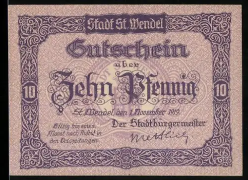 Notgeld St. Wendel 1919, 10 Pfennig, dekoratives Muster mit Wappen von St. Wendel