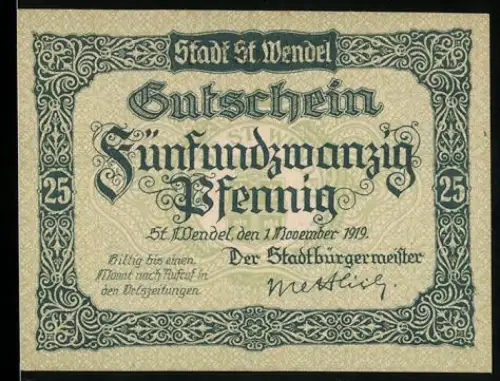 Notgeld St. Wendel 1919, 25 Pfennig, kunstvoller Schriftzug, Wappen von St. Wendel