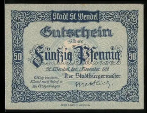 Notgeld St. Wendel 1919, 50 Pfennig, Ortsansicht mit Kirche und Häusern