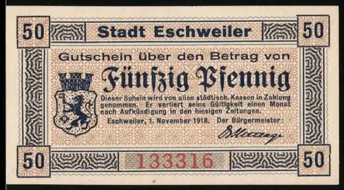 Notgeld Eschweiler 1918, 50 Pfennig, Wappen und patriotische Inschrift