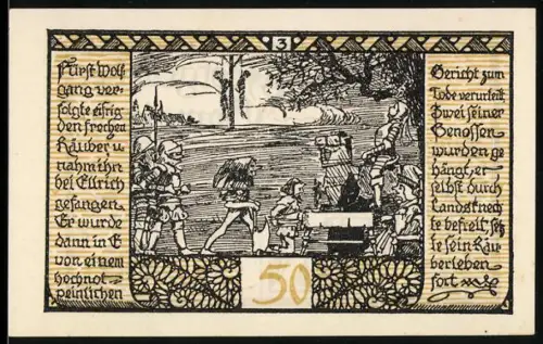 Notgeld Rieder /Ostharz 1921, 50 Pfennig, historische Gerichtsszene mit Landschaftsmotiv