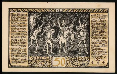 Notgeld Rieder /Ostharz 1921, 50 Pfennig, tanzende Figuren im Wald und dekorative Initiale