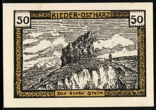 Notgeld Rieder /Ostharz 1921, 50 Pfennig, Der dicke Stein und Ernteszene