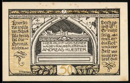 Notgeld Rieder /Ostharz 1921, 50 Pfennig, Grabstein von Andreas Kuester mit Inschrift