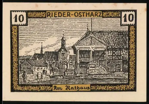 Notgeld Rieder /Ostharz 1921, 10 Pfennig, Rathaus und Gedicht mit Weizenmotiv