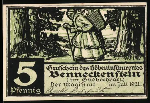 Notgeld Benneckenstein im Südhochharz 1921, 5 Pfennig, Frau mit Korb im Wald, Gedicht und Pflanzenmotiv