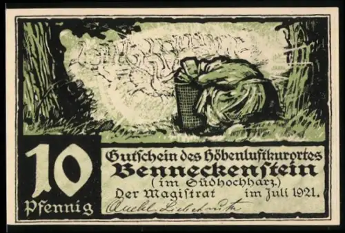 Notgeld Benneckenstein im Südhochharz 1921, 10 Pfennig, Frau ruht sich unter Bäumen aus, Eichenzweig