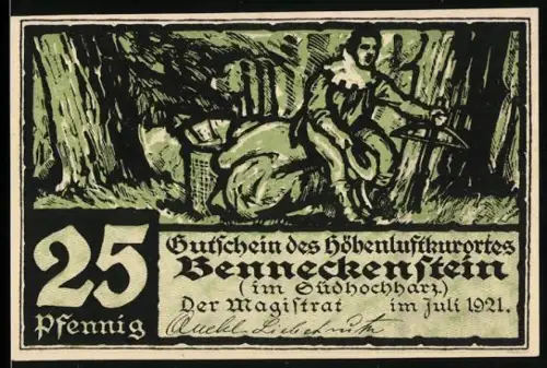 Notgeld Benneckenstein im Südhochharz 1921, 25 Pfennig, Jägersmann im Wald und Gedicht