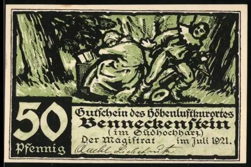 Notgeld Benneckenstein im Südhochharz 1921, 50 Pfennig, Jäger bei alter Frau im Wald