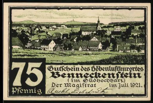 Notgeld Benneckenstein im Südhochharz 1921, 75 Pfennig, Ortsansicht und Eichenlaubmotiv